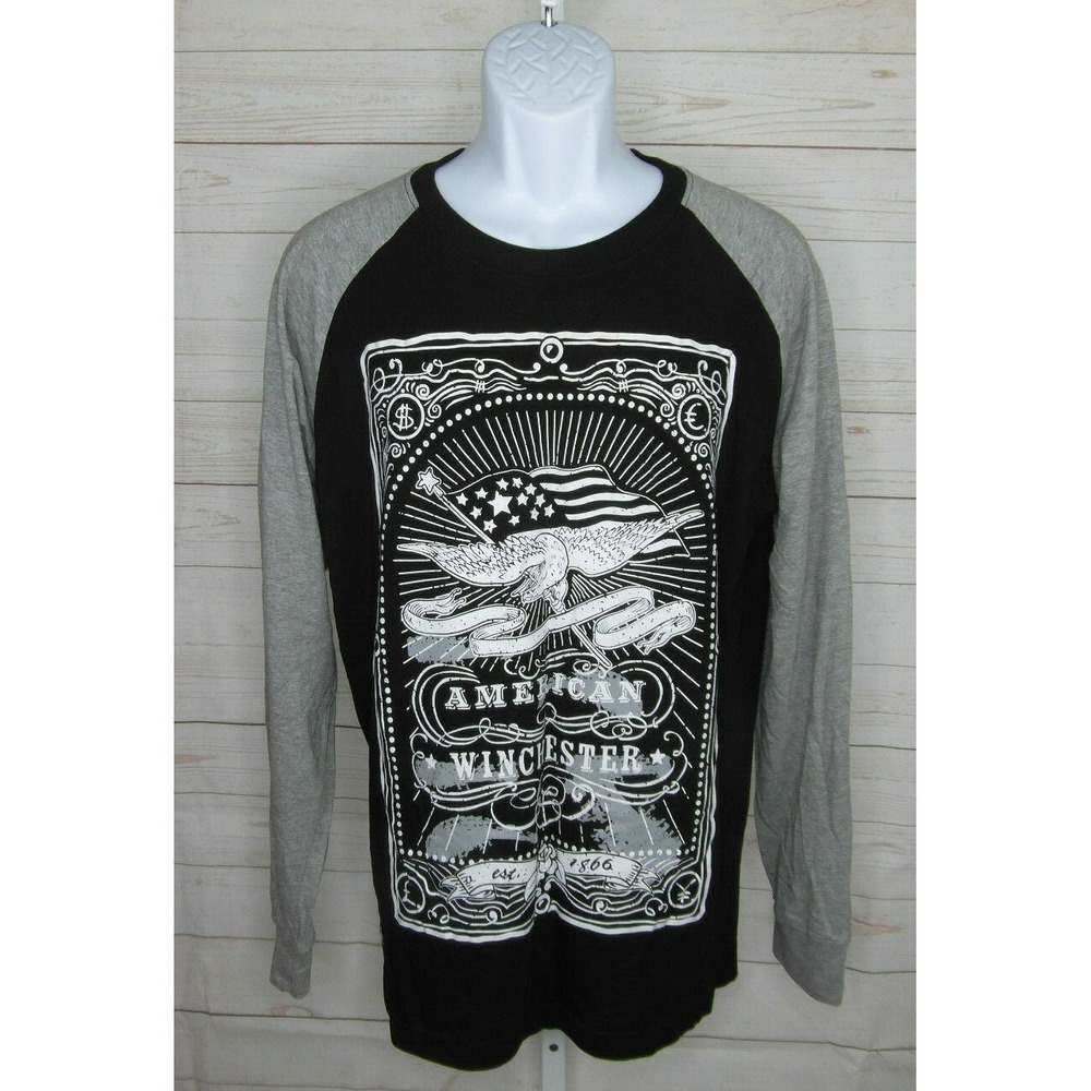 Mens Winchester LS T-shirt Black & Gray Size LARGE 100% Cotton Comfortable NWOT
